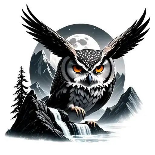 Mountain Waterfall Full Moon Owl