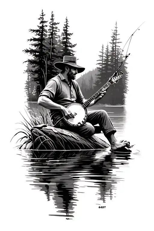 Guy Sitting At River Playing Banjo And Fishing