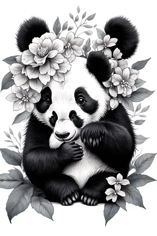 Panda With Baby Panda Leaves Flowers Intertwined