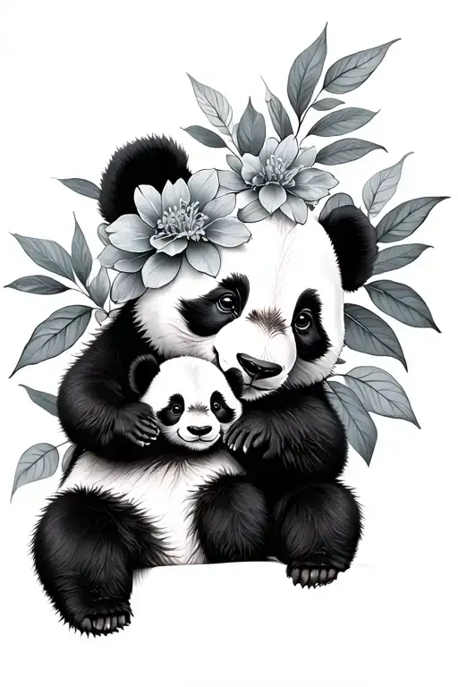 Panda With Baby Panda Leaves Flowers