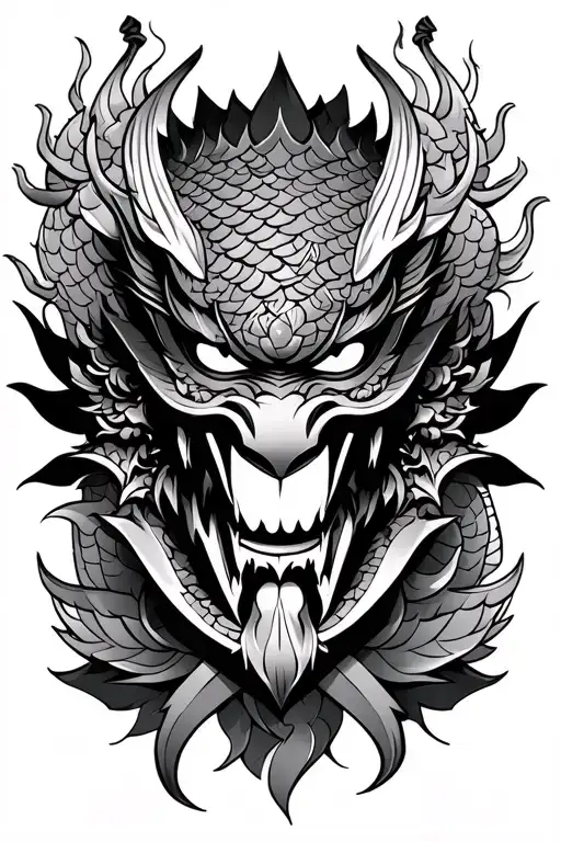 Oni Mask Surrounded By Dragon Scales With Lotus Flower And Katanas As Accent