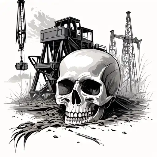 An Oilfield Landscape With A Skull Hidden In The Background