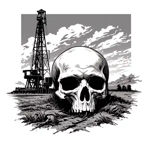 An Oilfield Landscape With A Skull Hidden In The Background
