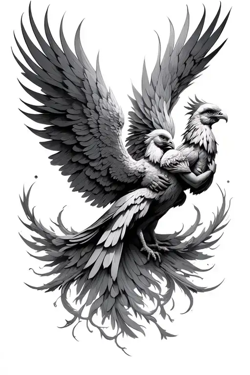 Phoenix Rising And Holding A Baby Phoenix