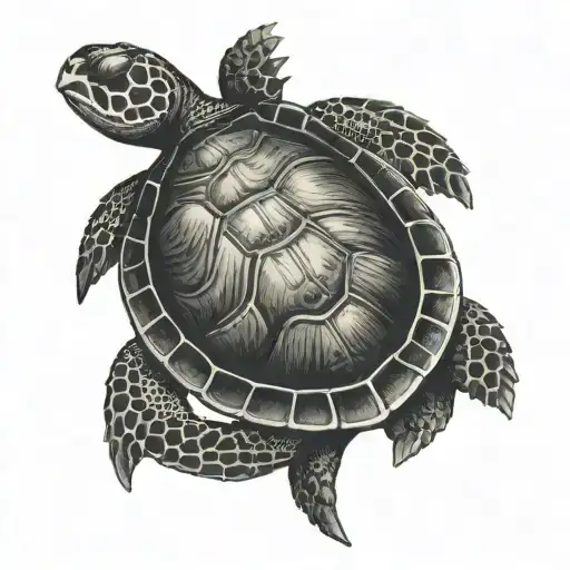 Top View Sea Turtle And Blue Devil Eye In Turtle's Back