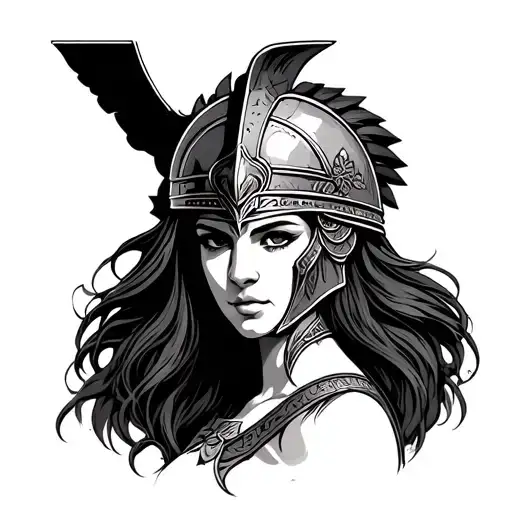 Athena Face With Her Warrior Helmet And Long Brunette Hair