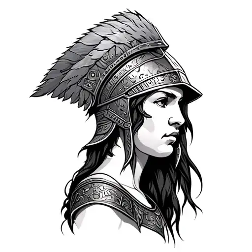 Athena Face In Profile With Her Warrior Helmet And Long Brunette Hair