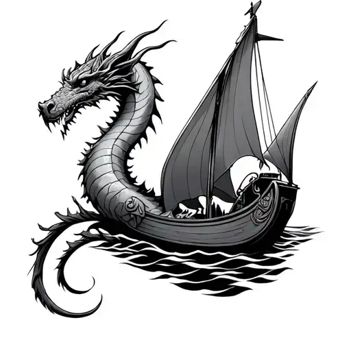Norse Dragon And Long Boat Floating