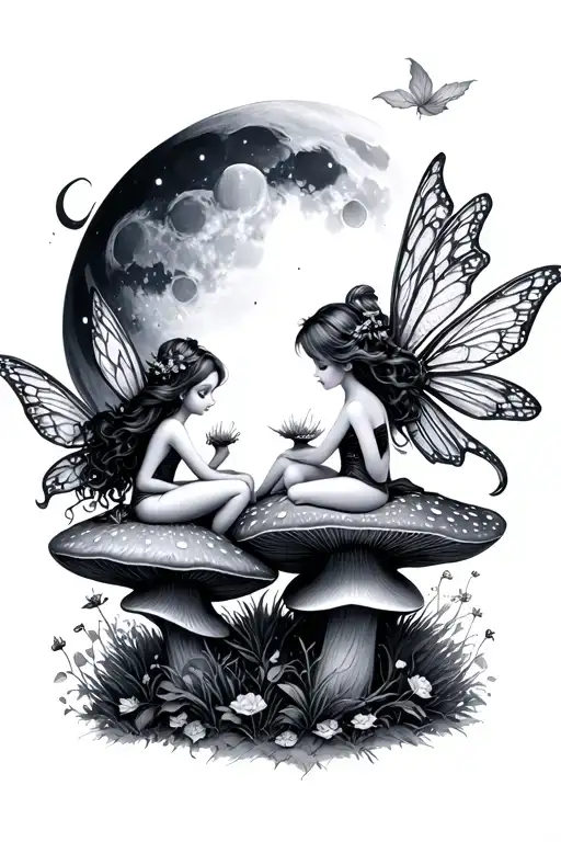 Two Whimsical Fairy Sitting On Mushrooms Looking At A Whimsical Moon