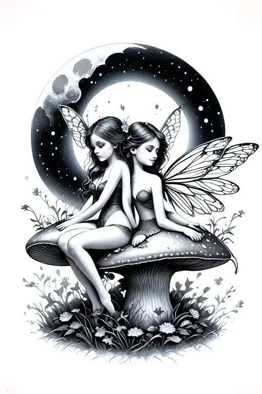 Two Whimsical Fairy Sitting On A Mushroom Back To Back Looking At A Whimsical Moon