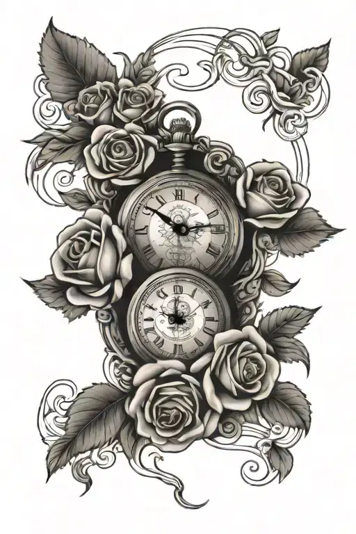 Pocket Watch Surrounded By Roses Intertwined With Text Banner On Top And Bottom