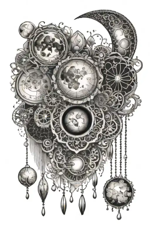 Moon Phases With Lace Pattern And Dripping Jewels