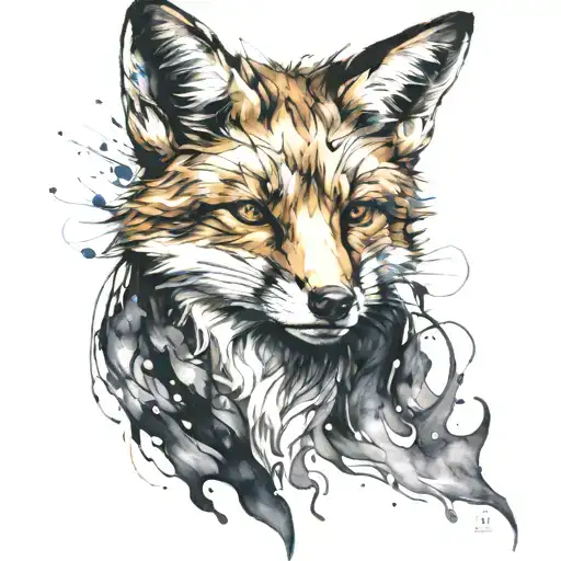 Fox In Watercolor And Color With Fire