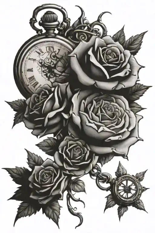 1 Pocket Watch Surrounded By Roses That Have Thorns Wrapping