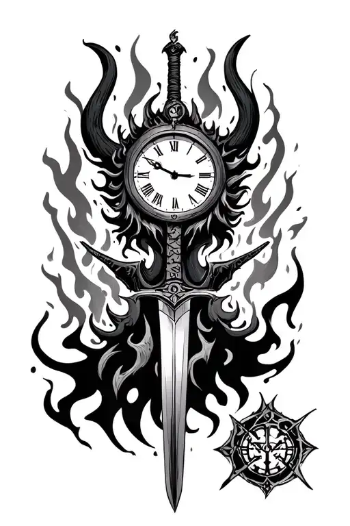 Oni Mask With A Sword Behind It While Flames Surround The Place With A Clock On Top Without Pointers