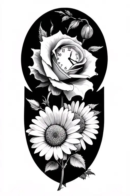 2 Roses And Iris Flower And A Daisy Flower And A Clock