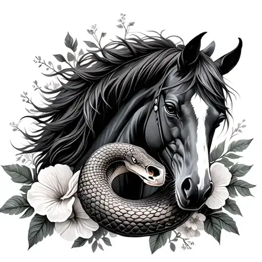 Horse And Snake Together But Caring And Flowers