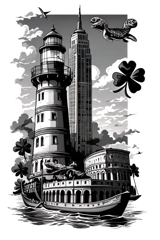 Lighthouse And Turtle And Shamrock And Empire State Building And Roman Colosseum And Gondola Boat