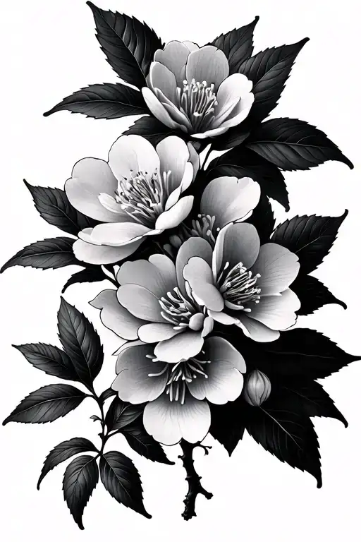Sakura Flowers With Leaves And Branch