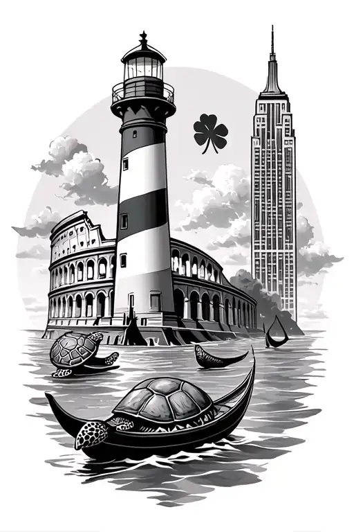 Lighthouse And Turtle And Shamrock And Empire State Building And Roman Colosseum And Gondola Boat