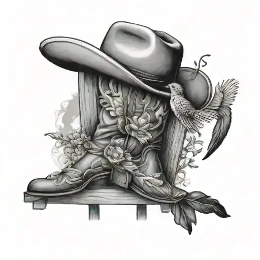 Cowboy Hat And Hummingbird On Rocking Chair Cowboots Overlooking Pond And Country Scene