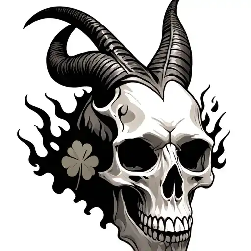 Capricorn Skull With Flames And Clover Leaf