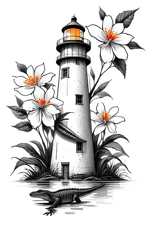 Lighthouse With Orange Blossoms And Baby Alligator