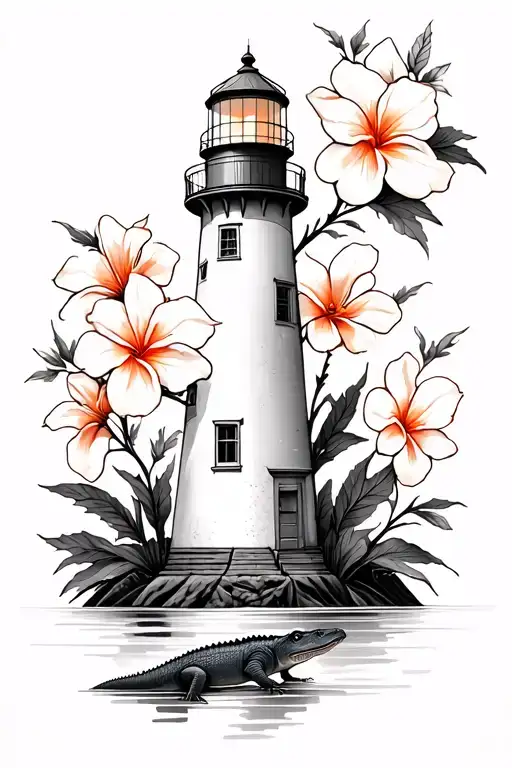 Lighthouse With Orange Blossoms And Baby Alligator