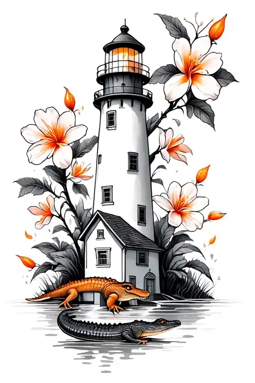 Lighthouse With Orange Blossoms And Baby Alligator