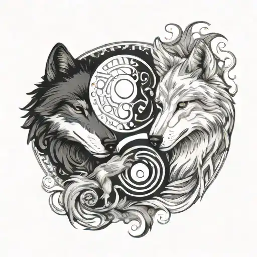 Black And White Wolves In A Yin Yang Circle Pattern