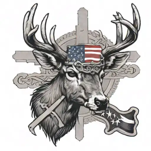 Cross With American Flag And Mature Whitetail Buck