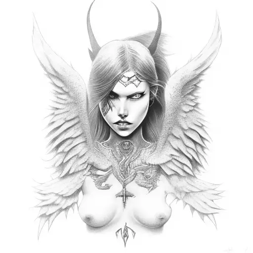 Female Angel With Demon Wolf