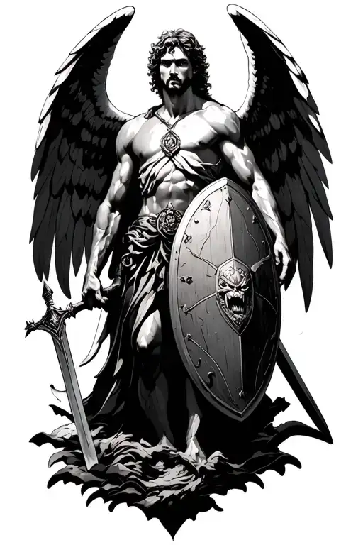 Archangel Michael With Shield And Sword Fighting Demons