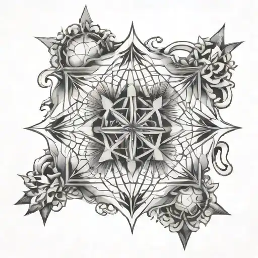 Metatron's Cube With Small Compass Rose At The Center & Fine Line Work