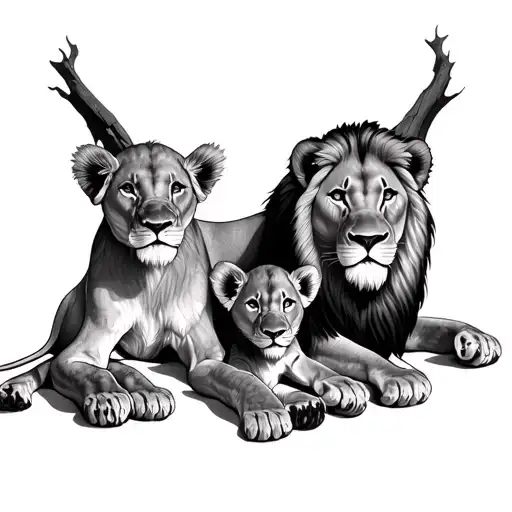 Lion With 2 Lion Cub Laying