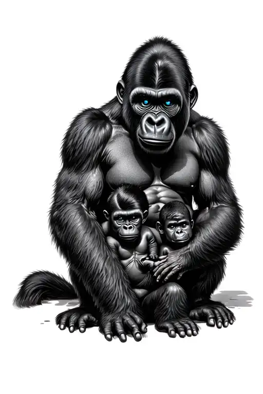 Gorilla Maman And Gorilla Children With Blue Eyes And The Mother Who Protects Him