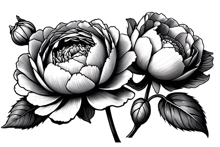 2 Peonies With 2 Buds On Each Side With 2 Leaves On Each Bud