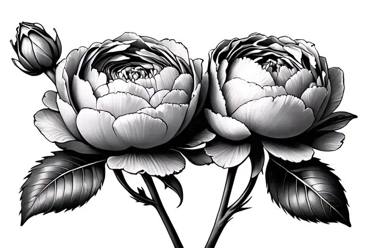 2 Peonies With 2 Buds On Each Side With 2 Leaves On Each Bud