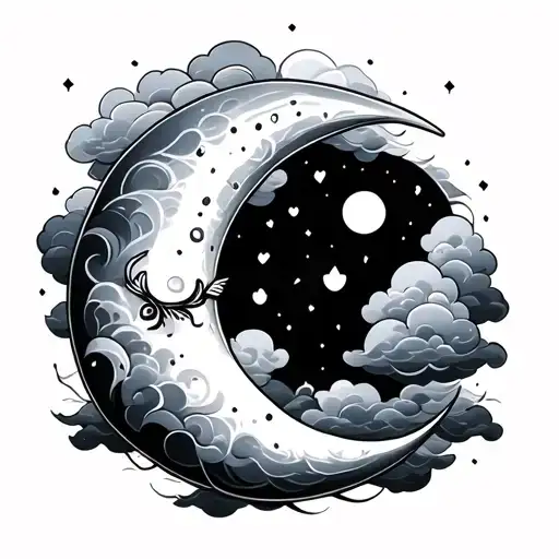 Crescent Moon With Clouds Trible Style