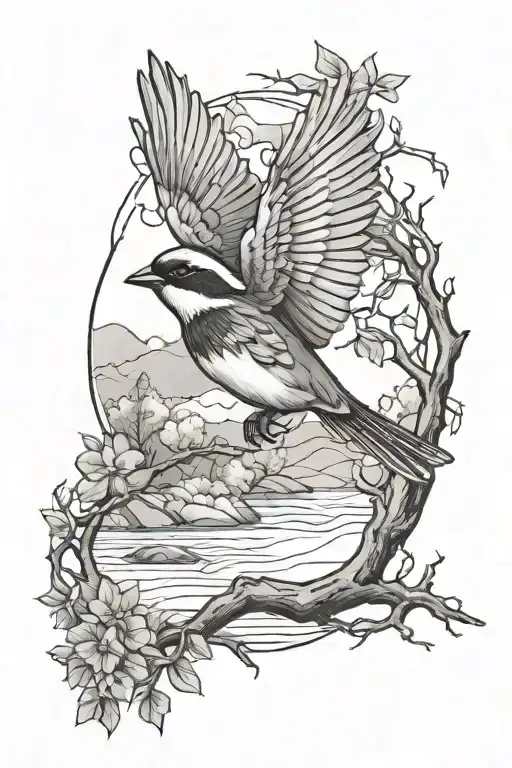 Small Sparrow Flying With Trees And A River Flowing