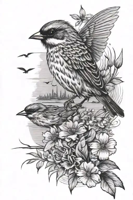 Detailed Sparrow Flying Over Lake Surrounded By Trees Holding A Flower