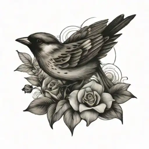 Sparrow With Lake And Flowers