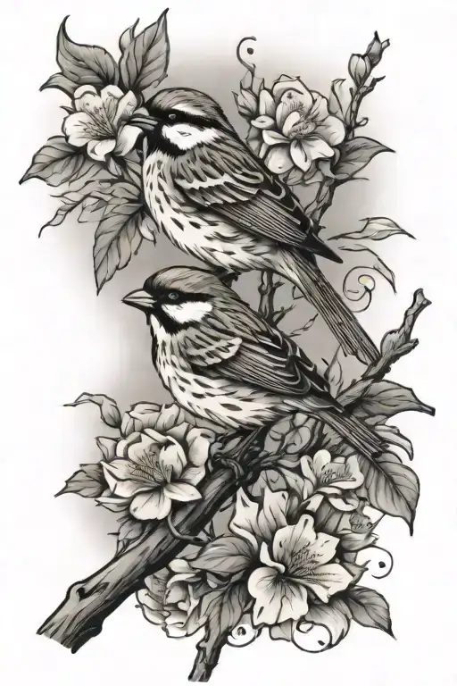 Sparrow Perched On A Branch With Flowers Over A River