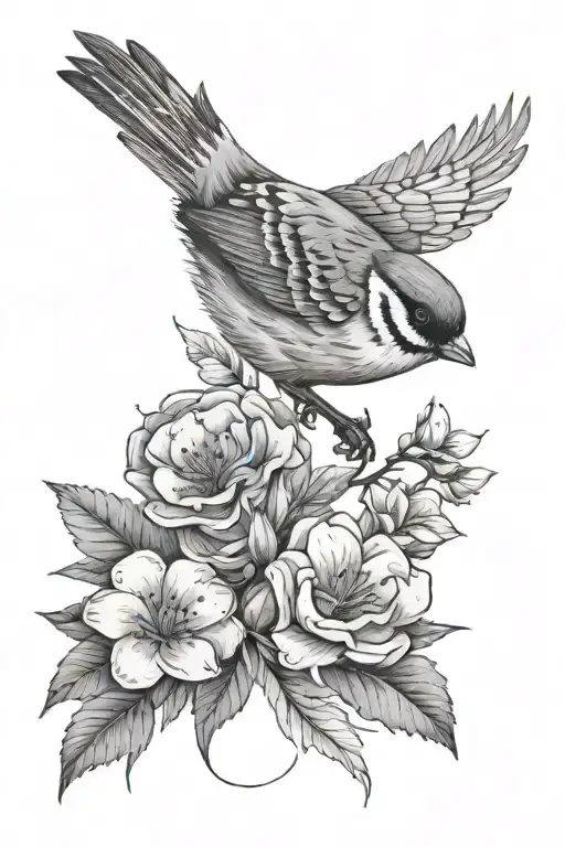 Sparrow Perched With Flowers Over A River
