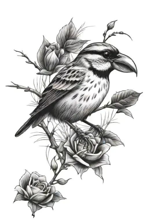 Sparrow Perched Over A River With A Flower In Mouth