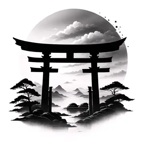 Japanese Landscape With Fog And Torii Gate