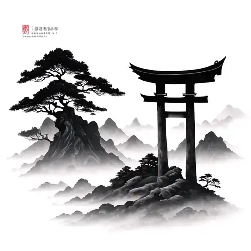 Japanese Landscape With Moutains Fog And Small Torii Gate