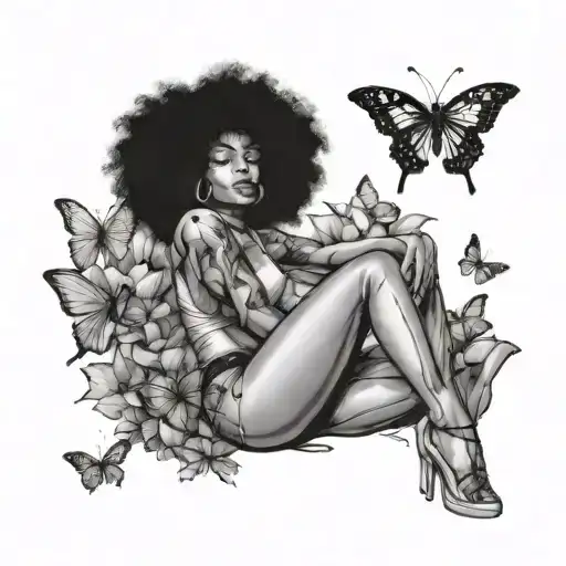 Black Woman With Afro Sitting Cross Legged With Butterflies Flying Around Her