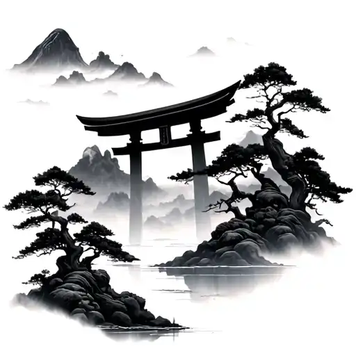 Japanese Landscape With Mout Fog And Torii Gate Transforming