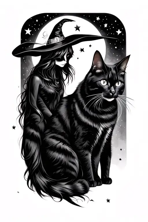 Witch And Black Cat And Moon